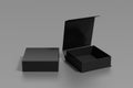 Black opened and closed square folding gift box mock up on gray background. Front view Royalty Free Stock Photo