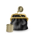 The Black, opened purse. Gold coins raining to open wallet. Golden coins money, bitcoin dropping or falling in open purse. Vector Royalty Free Stock Photo