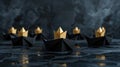 Black origami boats with a standout golden boat on a wet surface