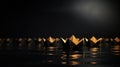 Black origami boats with a standout golden boat on a wet surface