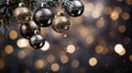 Black ornaments decorated Christmas tree background. Merry Christmas, Happy New Year concept. Beautiful festive dark Royalty Free Stock Photo