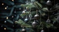 Black ornaments decorated Christmas tree background. Merry Christmas, Happy New Year concept. Beautiful festive dark Royalty Free Stock Photo