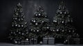 Black ornaments decorated Christmas tree background. Merry Christmas, Happy New Year concept. Beautiful festive dark Royalty Free Stock Photo