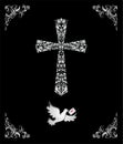 Black catholic ornate card with silver decorative floral cross and vignette and flying dove with letter for baptism and Easter gre