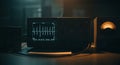 A black oscilloscope device displays a glowing waveform graph on its screen in a dimly lit laboratory or office environment with a Royalty Free Stock Photo