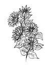 Black outline of a bouquet of sunflowers on a white background