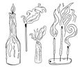 Black outline burn candle in a bottle, incense sticks for home, palo santo line art illustration. Modern witchcraft