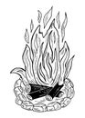 Fire with flame line art. Modern witchcraft illustration. Black outline campfire with logs. Royalty Free Stock Photo