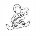 Black outline cartoon cute hand drawn goldfish isolated on white.