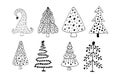 Black outline christmas tree set isolated on white background. Winter holidays rustic decor. Doodles vector illustration for cards Royalty Free Stock Photo