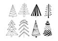 Black outline christmas tree set isolated on white background. Winter holidays rustic decor. Doodles vector illustration for cards Royalty Free Stock Photo