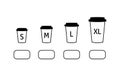 black outline coffee cup icons of small, large, medium and extra large size, vector flat paper cup for drink, take Royalty Free Stock Photo