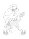 Black outline girl with a mask and beret carrying a pumpkin. Illustration for coloring page