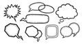 Black outline comic style speech bubbles and thought clouds with stitched border and jagged shapes isolated on white background Royalty Free Stock Photo