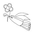 Black outline drawing. Logo with flying bird. Pigeon bird holds flower in its beak. Linear outline for poster, banner, flyer. One