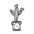 Black outline hand drawing vector illustration of a decorative cactus cereus plant in a pot isolated on a white