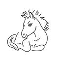 Black outline hand drawing vector illustration of a little horse lying on a grass isolated on a white background Royalty Free Stock Photo