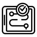 Black outline icon of a project task route with a checkmark, depicting approval or completion Royalty Free Stock Photo