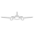 Black outline isolated airplane on white background. Line front view of aeroplane.