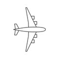 Black outline isolated airplane on white background. Line View from above of aeroplane.