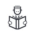 Black outline opened book with reader holding it, education and knowledge vector icon