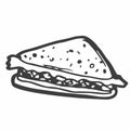 Black outline sandwich icon. Doodle snack silhouette with bread, salad and ham. Hand drawn fast food drawing. Vector illustration