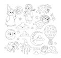Black outline set with sleeping children, moon and clouds for coloring page