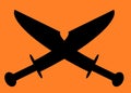 A black outline shape silhouette of a pair of crossed oriental chinese broadswords sabres orange tangerine backdrop