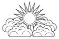 Black outline of a sun with rays surrounded by clouds on white weather nature Royalty Free Stock Photo