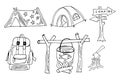 Black outline tourist tent, firewood, bonfire, backpack, ax on white background. Hand drawing camping vector