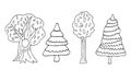 Black outline trees from the forest on white background. Hand drawing vector illustrations. Nature doodles.