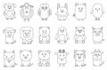 Black outline various adorable cartoon animals mammals and birds set vector illustration.