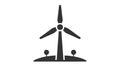 Black outlined vector illustration of a wind turbine on a landscape with two small trees