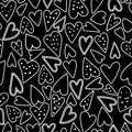 Black with outlined white hearts and dots seamless pattern background design.