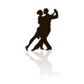 Black outlines figures of dancing man and women on white, grey shadow, tango dancing, vector