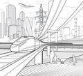 Black outlines infrastructure town illustration. Train rides on bridge. Automotive overpass. Modern city at white background, towe Royalty Free Stock Photo