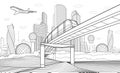 Black outlines Infrastructure town illustration. Train rides on bridge. Modern city at white background, tower and skyscrapers, bu Royalty Free Stock Photo