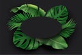 Black oval blank card with green exotic jungle leaves on black background. Monstera, philodendron, fan palm, banana leaf