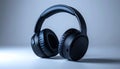 Black overear headphones with cushioned ear cups and adjustable headband on white surface Royalty Free Stock Photo