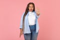 Black Oversized Female Gesturing Stop Standing On Pink Background