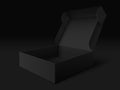 Black packaging box. Empty open dark package template, cube pack and box mockup vector illustration