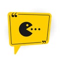 Black Pacman with eat icon isolated on white background. Arcade game icon. Pac man sign. Yellow speech bubble symbol Royalty Free Stock Photo