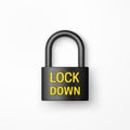 Black padlock with yellow text lockdown. Realistic closed lock. Quarantine concept. Business suffers to protect the population.