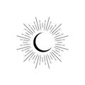 Black paint drawn half moon with rays isolated on white. Night, sky, dream, sleep symbol