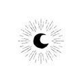 Black paint drawn half moon with rays isolated on white. Night, sky, dream, sleep symbol