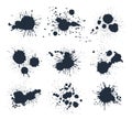 Black paint drops. Ink splashes and spots, abstract ink splatters. Writing ink grunge drops silhouettes flat vector illustration Royalty Free Stock Photo