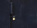 Black paint wood door with metal gold key locked Royalty Free Stock Photo