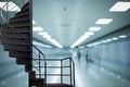 Black painted steel stairs with blurred corridor inside the metro station.