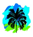 Black Palm Tree with Leaves Silhouette Vector Drawing.Tropical exotic leaf stencil on blue green background. Royalty Free Stock Photo