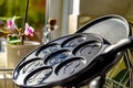 Black pancake smile frying pan on plate drainer rack in kitchen Royalty Free Stock Photo